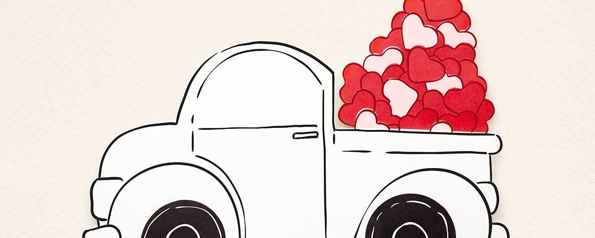 Cartoon truck with hearts in the bed