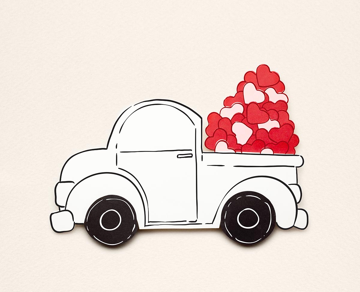 Cartoon truck with hearts in the bed